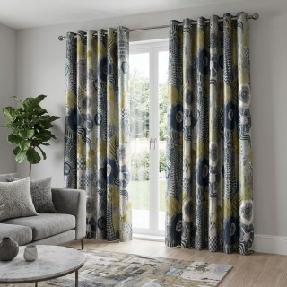 Earthy Whimsy Yellow Gold and Midnight Blue Modern Floral Curtains 3