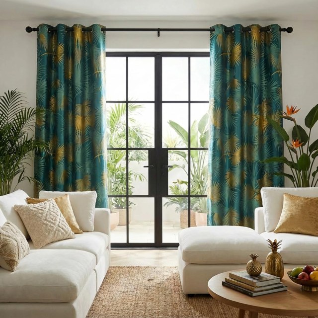 Fan Palm Silhouette Teal and Yellow Satiin Tropical Leaves Curtain 1