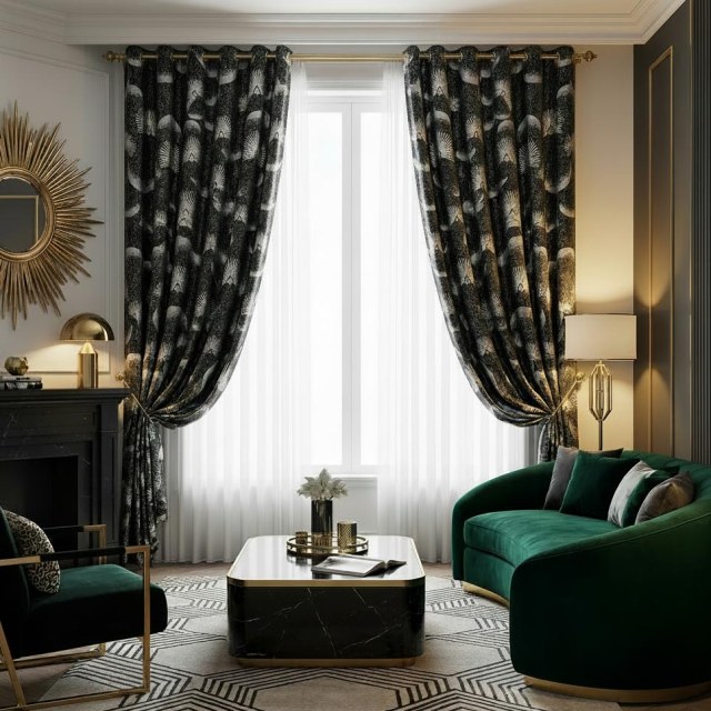 Fluttering Fanburst Art Deco Geometric Black and White Curtains 1