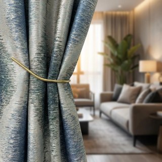 Ikat Ripples Blue and Teal Ogee Geometric Curtains with Silver Details 3