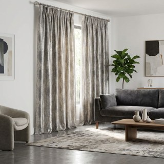 Ikat Ripples Gray and Cream Ogee Geometric Curtains with Silver Details 4