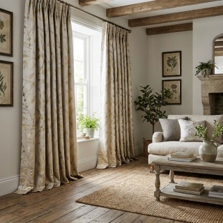 In The Woods Luxury Jacquard Shimmery Beige Cream Leaves Curtain with Gold Details 3