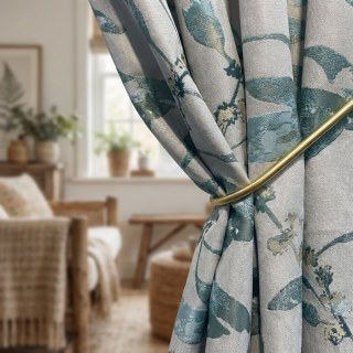 In The Woods Luxury Jacquard Shimmery Teal Leaves Curtain with Gold Details 2