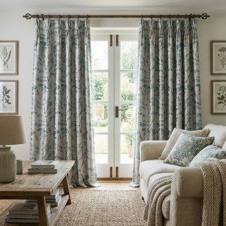 In The Woods Luxury Jacquard Shimmery Teal Leaves Curtain with Gold Details 3