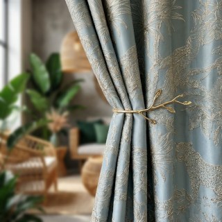 Jungle Jive Leopard and Parrot Duck Egg Blue Curtains with Gold Details 2