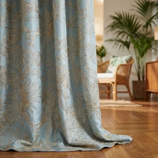 Jungle Jive Leopard and Parrot Duck Egg Blue Curtains with Gold Details