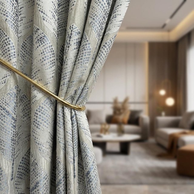 Leaf Dance Luxury Jacquard Shimmering Cream and Blue Foliage Curtains 1