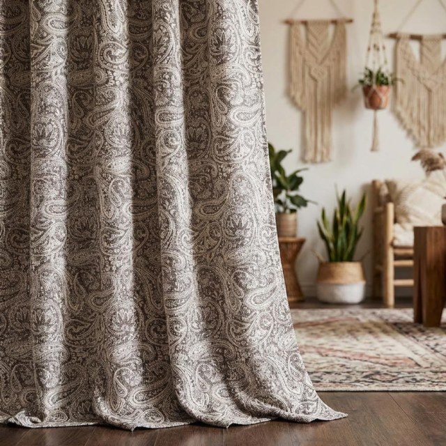 Midnight Paisley Heavyweight Taupe Dark Brown Floral Chenille Curtain 1