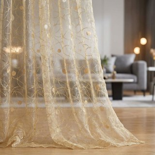 Nebula Embroidered Gold and Silver Circles Cream Organza Sheer Curtain