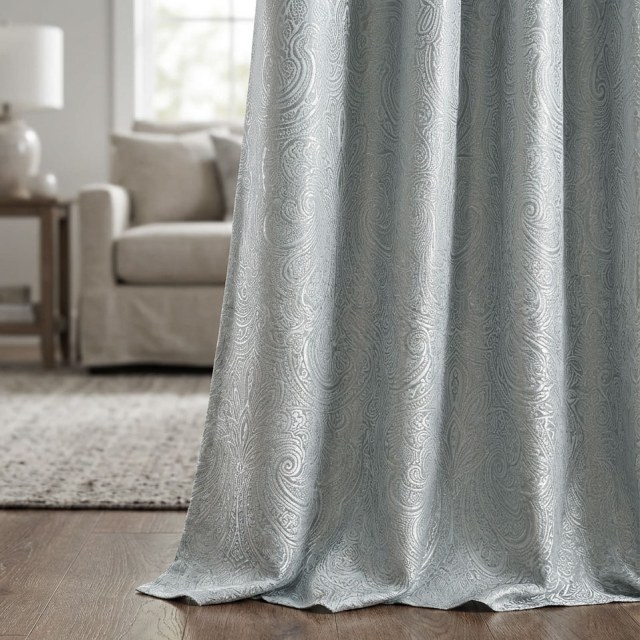 Opulent Floral Duck Egg Blue & Silver Damask Curtain 1