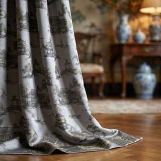 Pagoda & Junk Boat Chinoiserie Silvery Gray Satin Floral Curtain with Gold Details