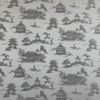 Pagoda & Junk Boat Chinoiserie Silvery Gray Satin Floral Curtain with Gold Details 8