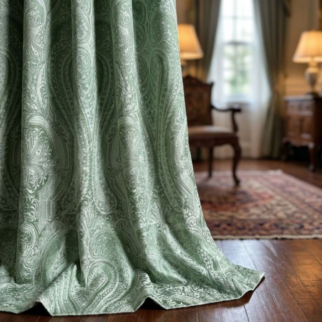 Royal Mirage Sage Duck Egg Green Damask Velvet Curtain 1