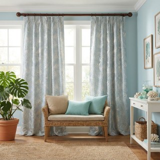 Tropical Bliss 3D Jacquard Blue and Cream Palm Leaves Curtain 3