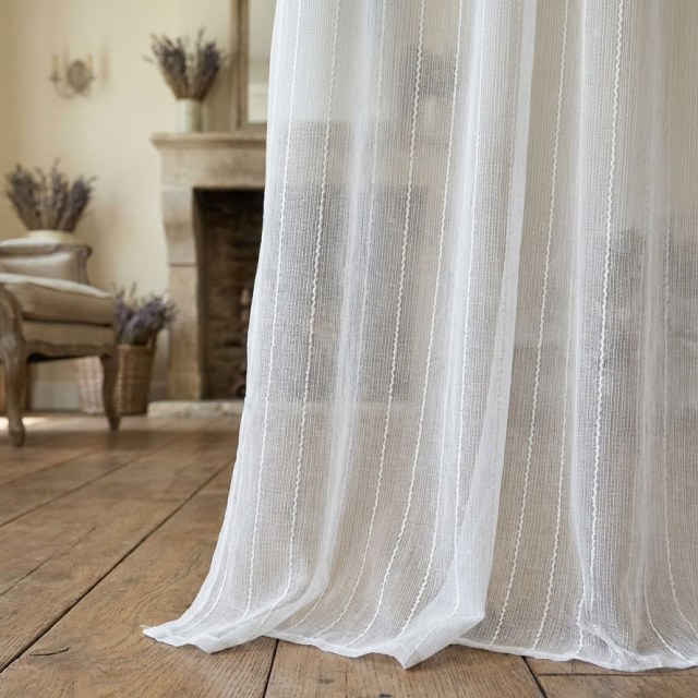 Whispering Waves Ivory White Shimmering Striped Sheer Curtain 1